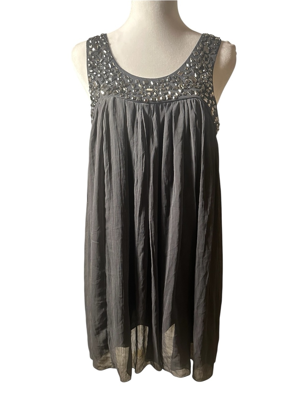 TRAMP Charcoal Gray Embellished Mini Dress Metallic Gems Hand sewn Sz. M